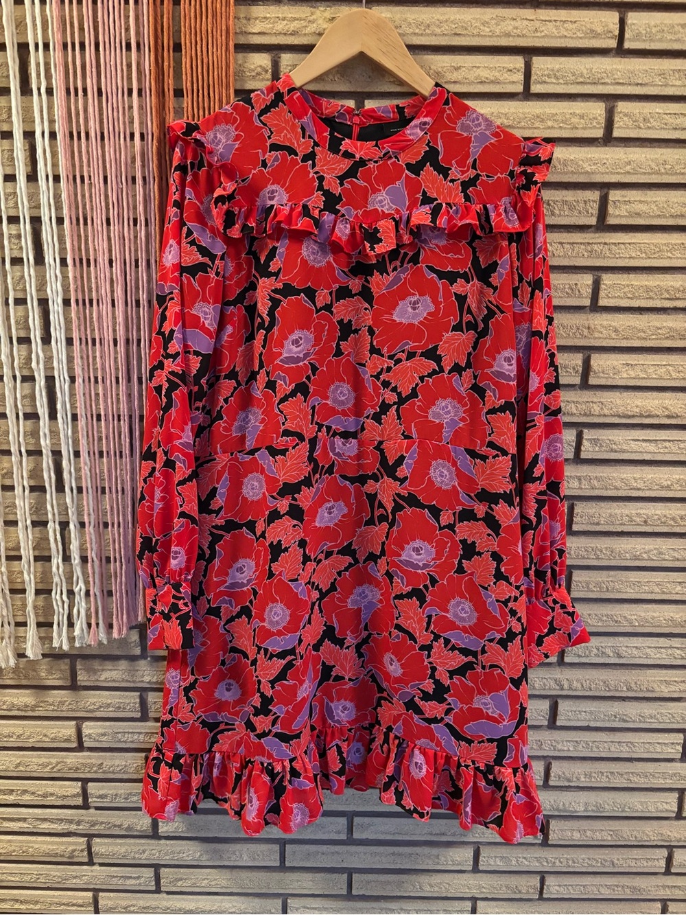 Pink/Red/Black Floral Babydoll Dress - Size Med-Large - Bust 40 - Winter Dress